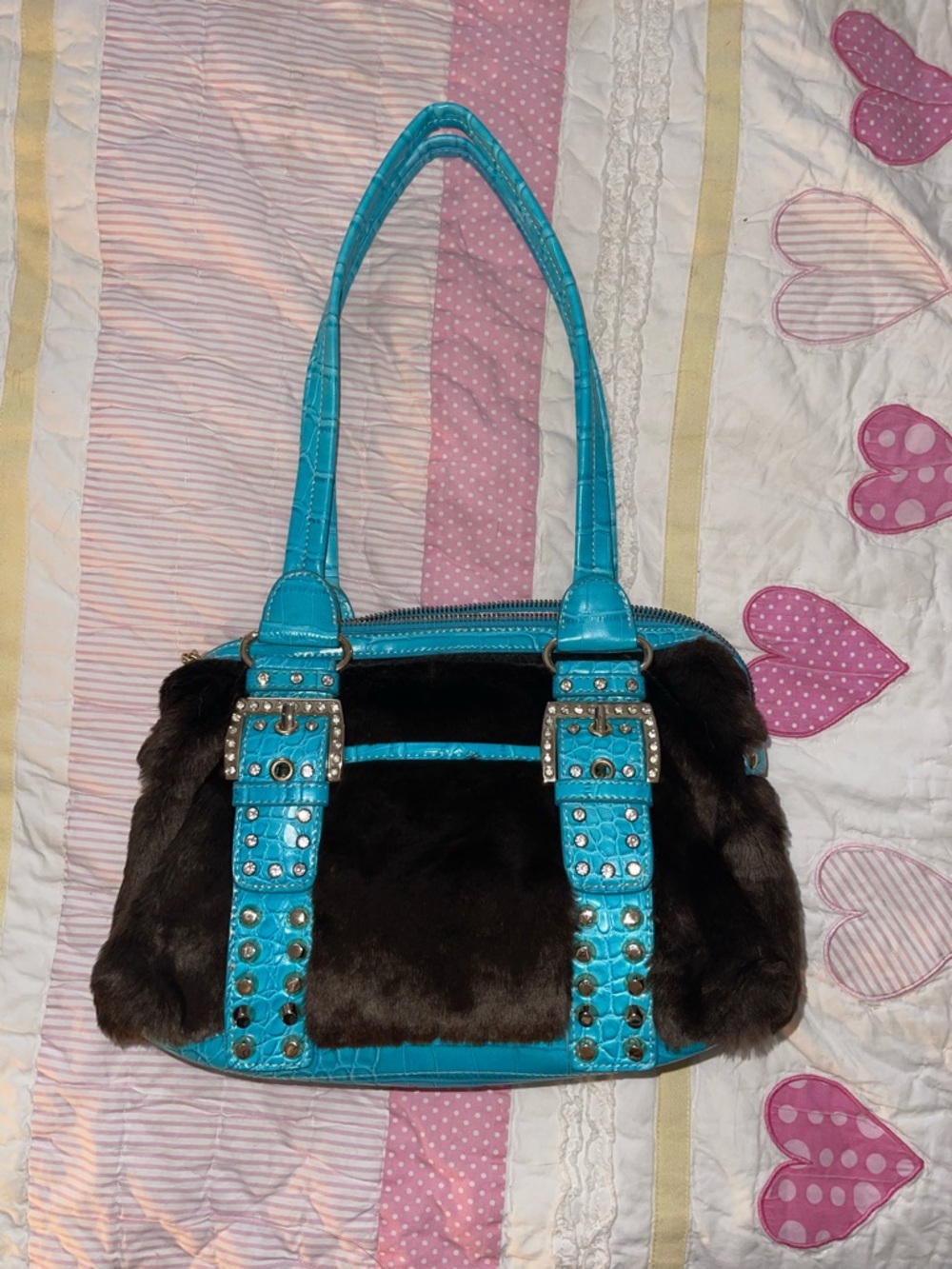 Turquoise and Brown Faux Fur shoulder bag